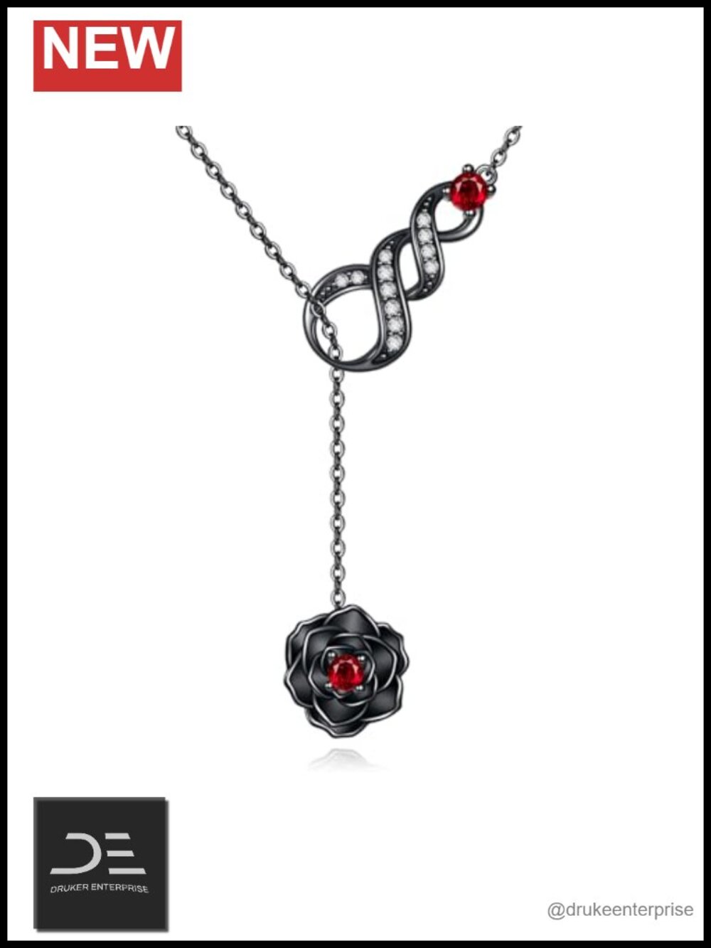 Black Rose Necklace Infinity Lariat Y Long Chain Pendant Women